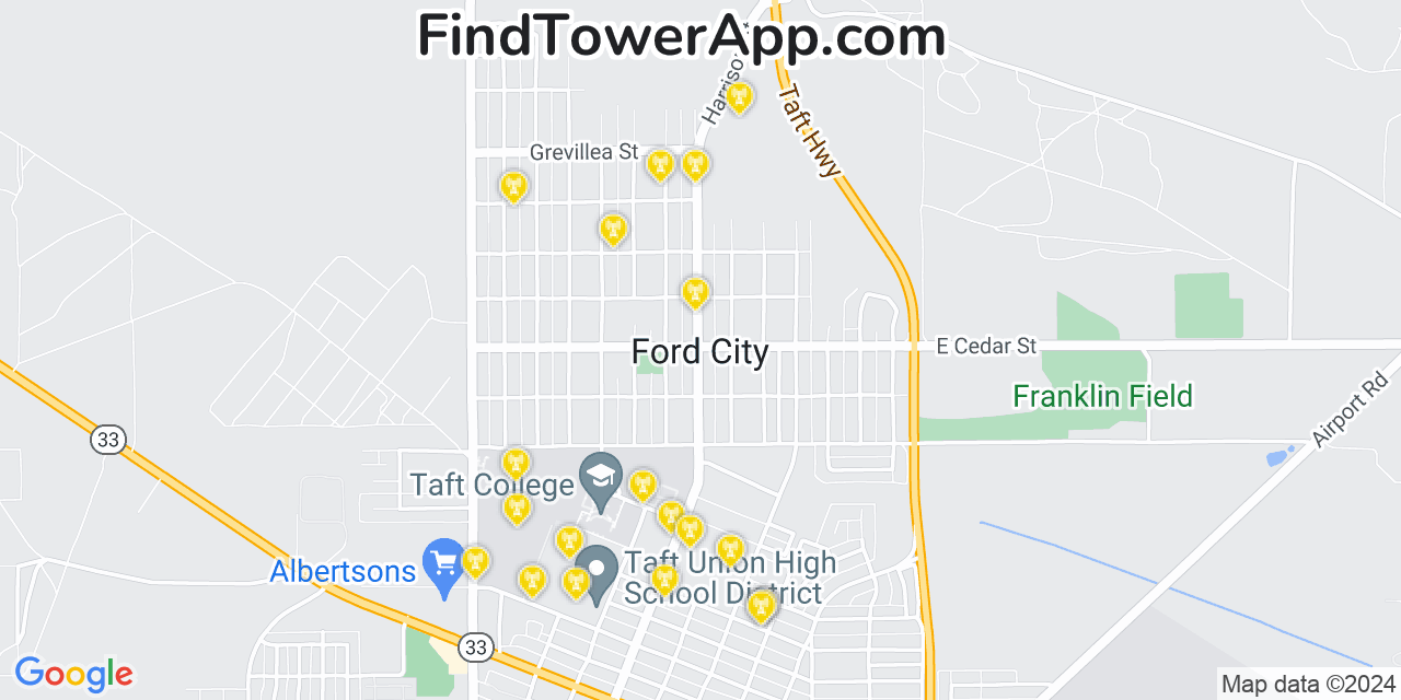 AT&T 4G/5G cell tower coverage map Ford City, California