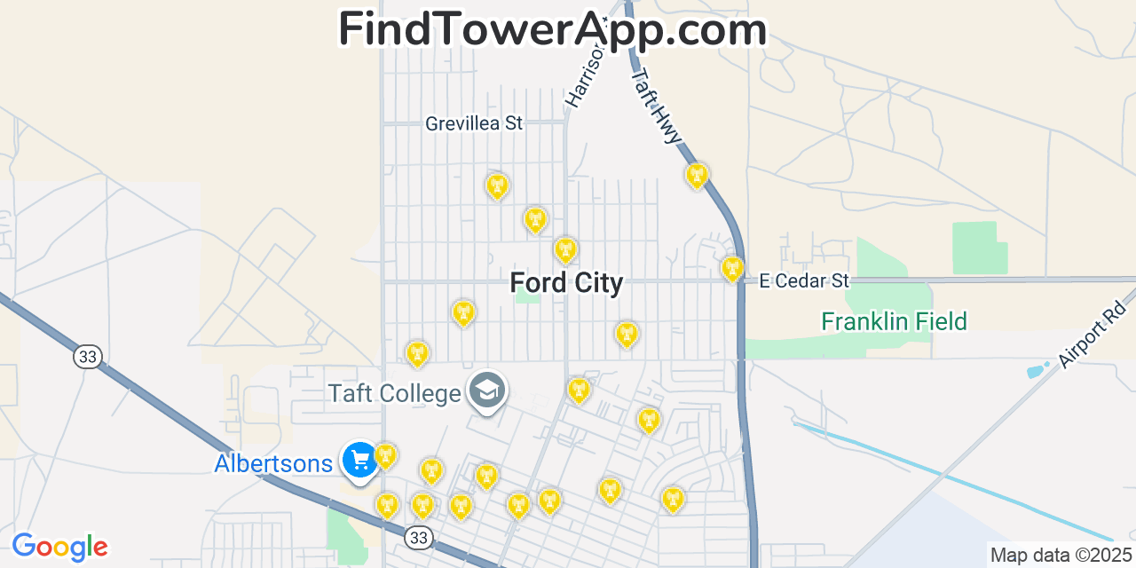 Map showing the 20 primary cell tower locations detected in Ford City, California from AT&T, Verizon, and T-Mobile networks