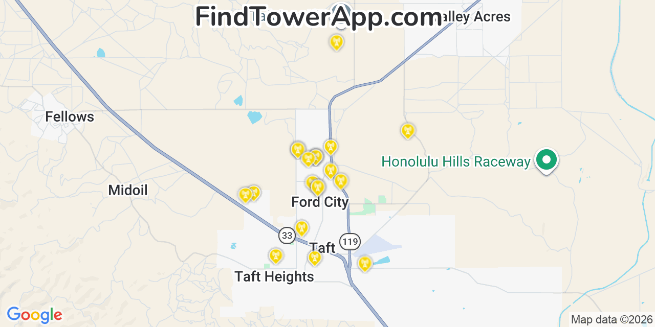 Map showing the 20 primary cell tower locations detected in Ford City, California from AT&T, Verizon, and T-Mobile networks