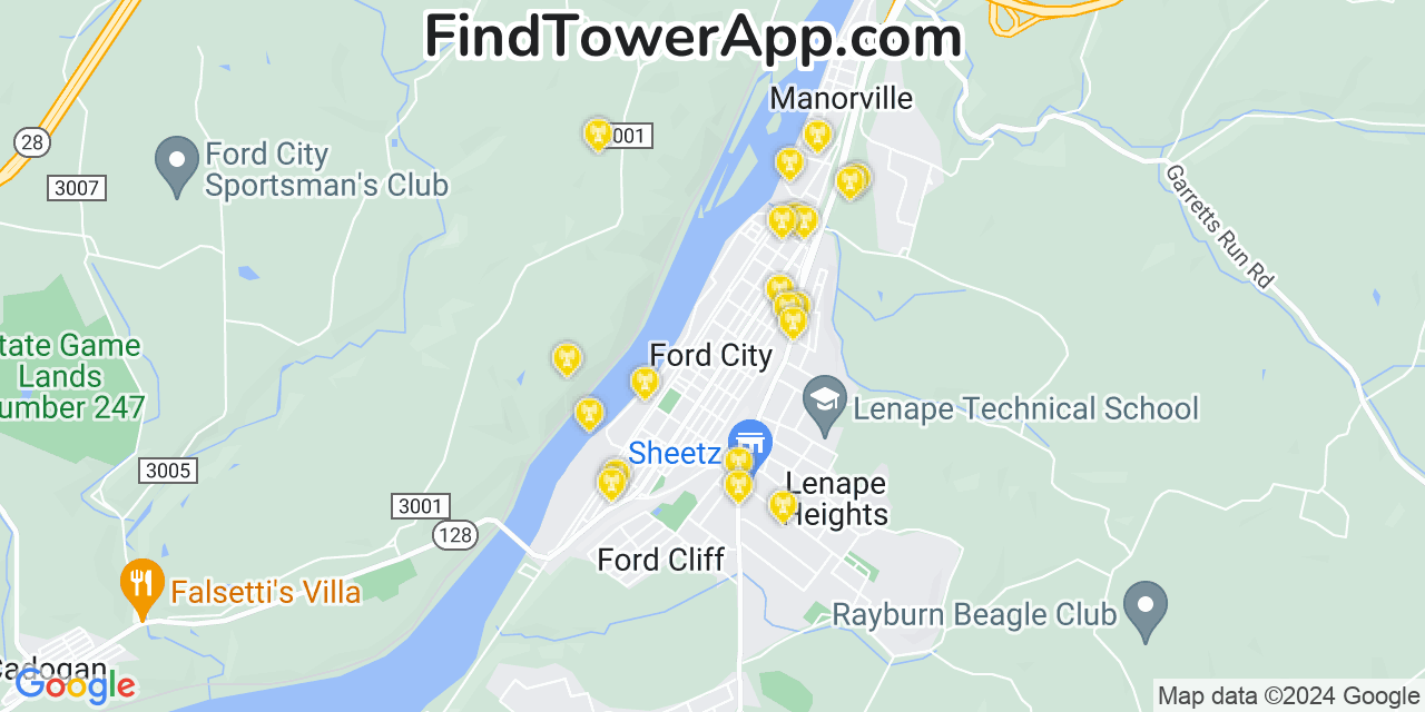 AT&T 4G/5G cell tower coverage map Ford City, Pennsylvania