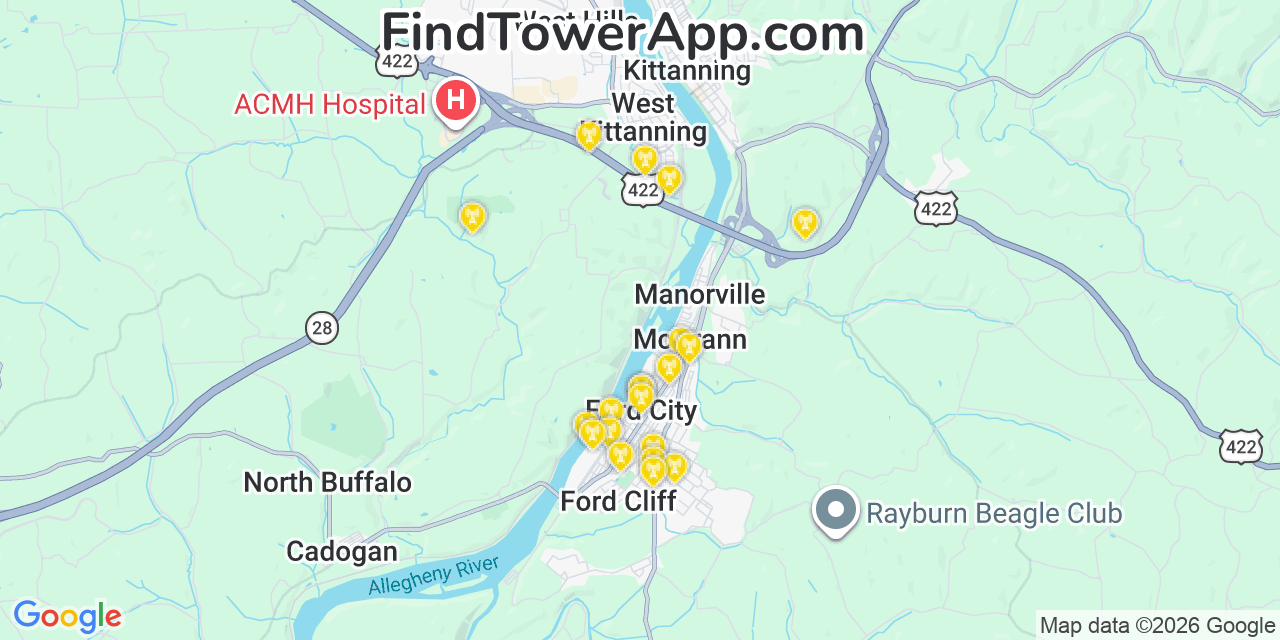 Map showing the 20 primary cell tower locations detected in Ford City, Pennsylvania from AT&T, Verizon, and T-Mobile networks