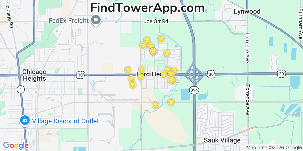 Map showing the 20 primary cell tower locations detected in Ford Heights, Illinois from AT&T, Verizon, and T-Mobile networks