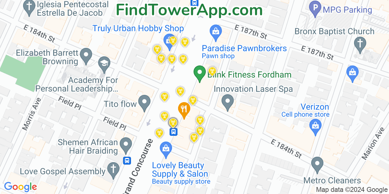 AT&T 4G/5G cell tower coverage map Fordham, New York