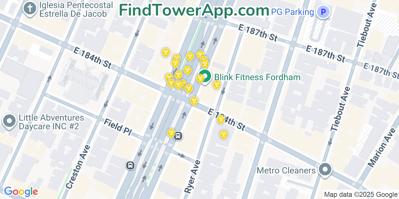 Map showing the 20 primary cell tower locations detected in Fordham, New York from AT&T, Verizon, and T-Mobile networks