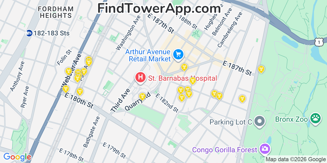 Map showing the 20 primary cell tower locations detected in Fordham, New York from AT&T, Verizon, and T-Mobile networks