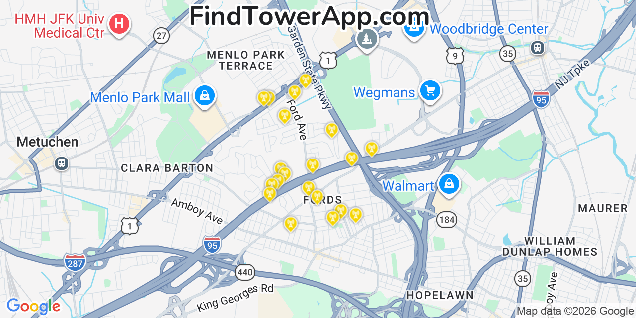 Map showing the 20 primary cell tower locations detected in Fords, New Jersey from AT&T, Verizon, and T-Mobile networks