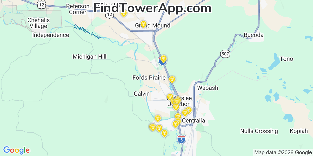 Map showing the 20 primary cell tower locations detected in Fords Prairie, Washington from AT&T, Verizon, and T-Mobile networks