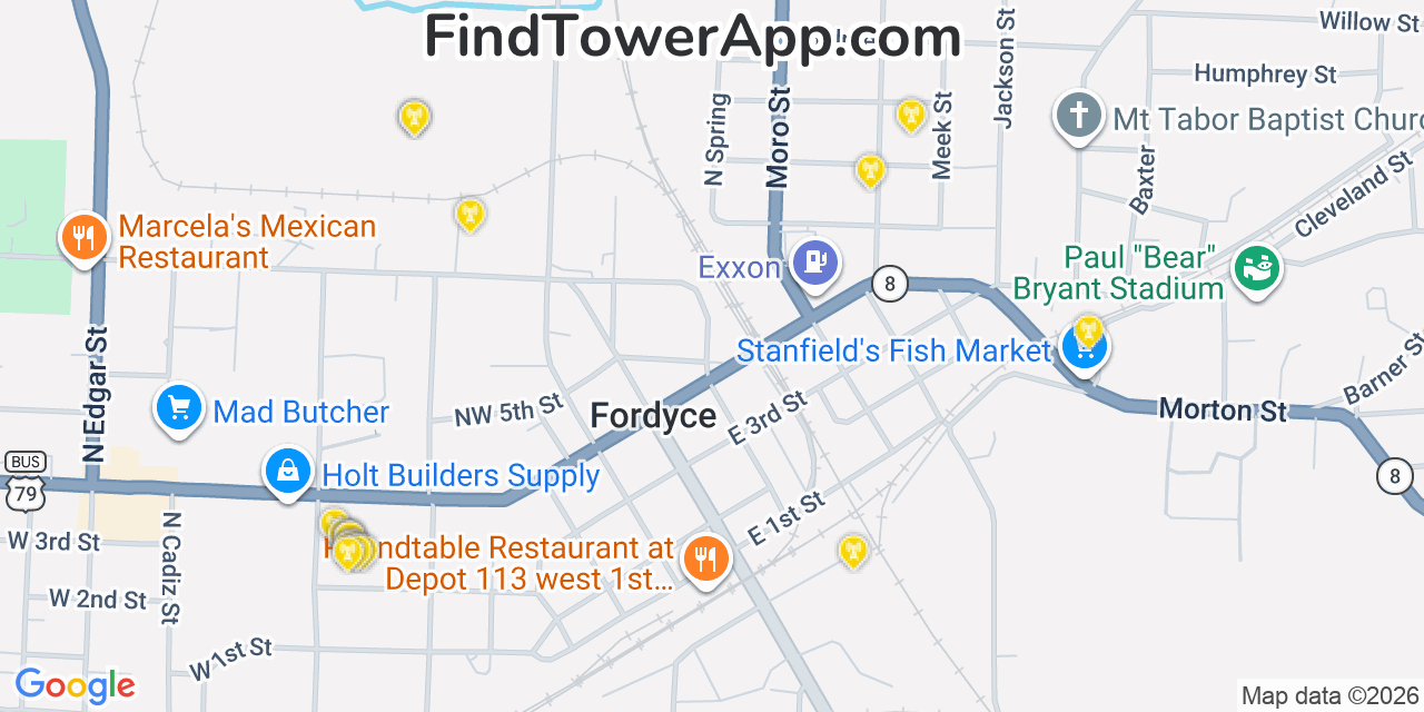 Map showing the 20 primary cell tower locations detected in Fordyce, Arkansas from AT&T, Verizon, and T-Mobile networks
