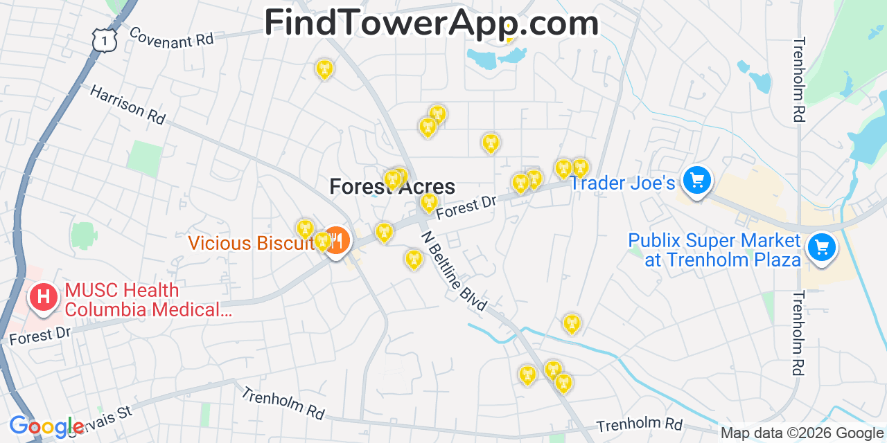 Map showing the 20 primary cell tower locations detected in Forest Acres, South Carolina from AT&T, Verizon, and T-Mobile networks