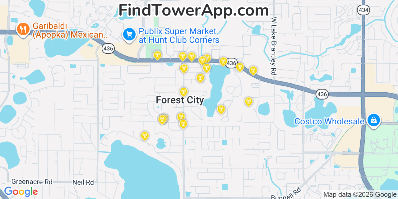 Map showing the 20 primary cell tower locations detected in Forest City, Florida from AT&T, Verizon, and T-Mobile networks