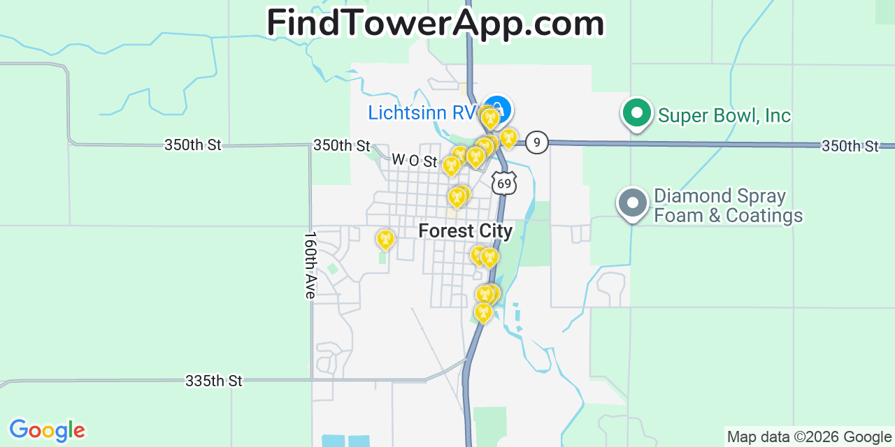 Map showing the 20 primary cell tower locations detected in Forest City, Iowa from AT&T, Verizon, and T-Mobile networks