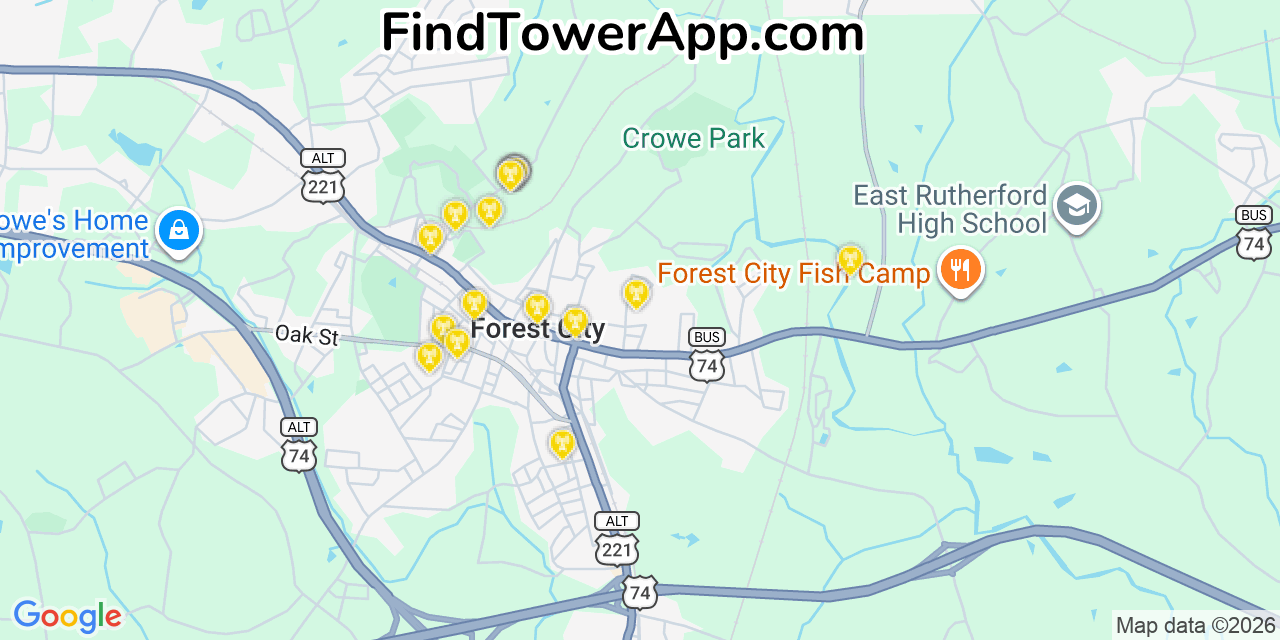 Map showing the 20 primary cell tower locations detected in Forest City, North Carolina from AT&T, Verizon, and T-Mobile networks