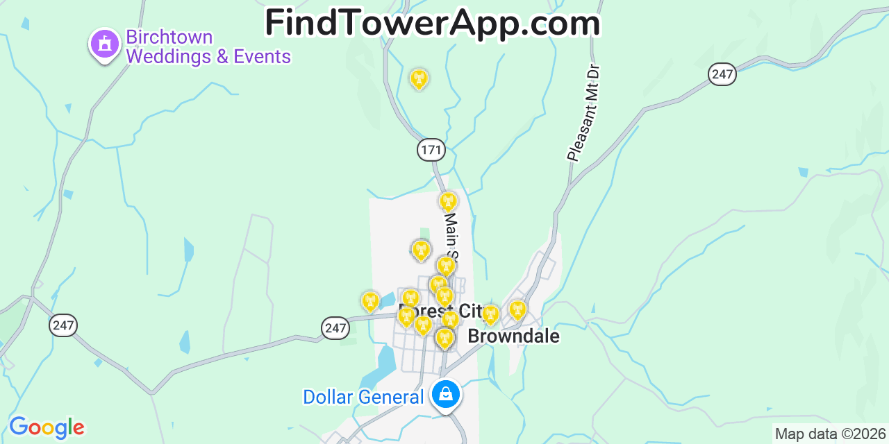 Map showing the 20 primary cell tower locations detected in Forest City, Pennsylvania from AT&T, Verizon, and T-Mobile networks