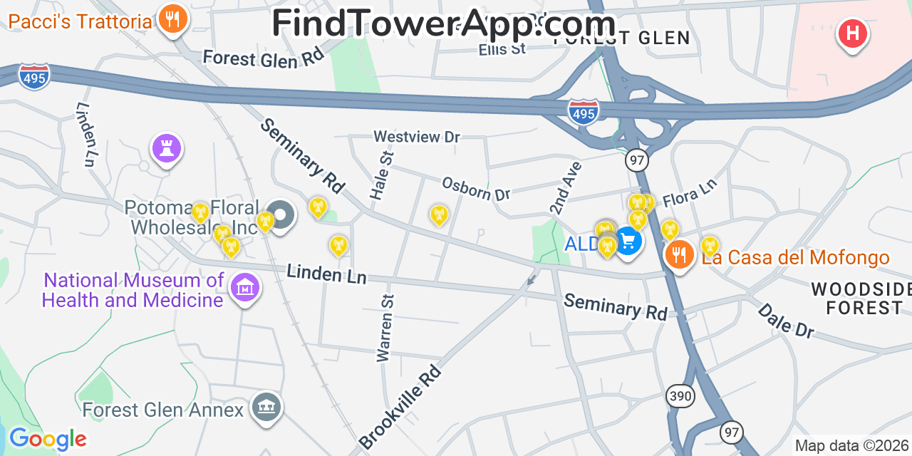 Map showing the 20 primary cell tower locations detected in Forest Glen, Maryland from AT&T, Verizon, and T-Mobile networks