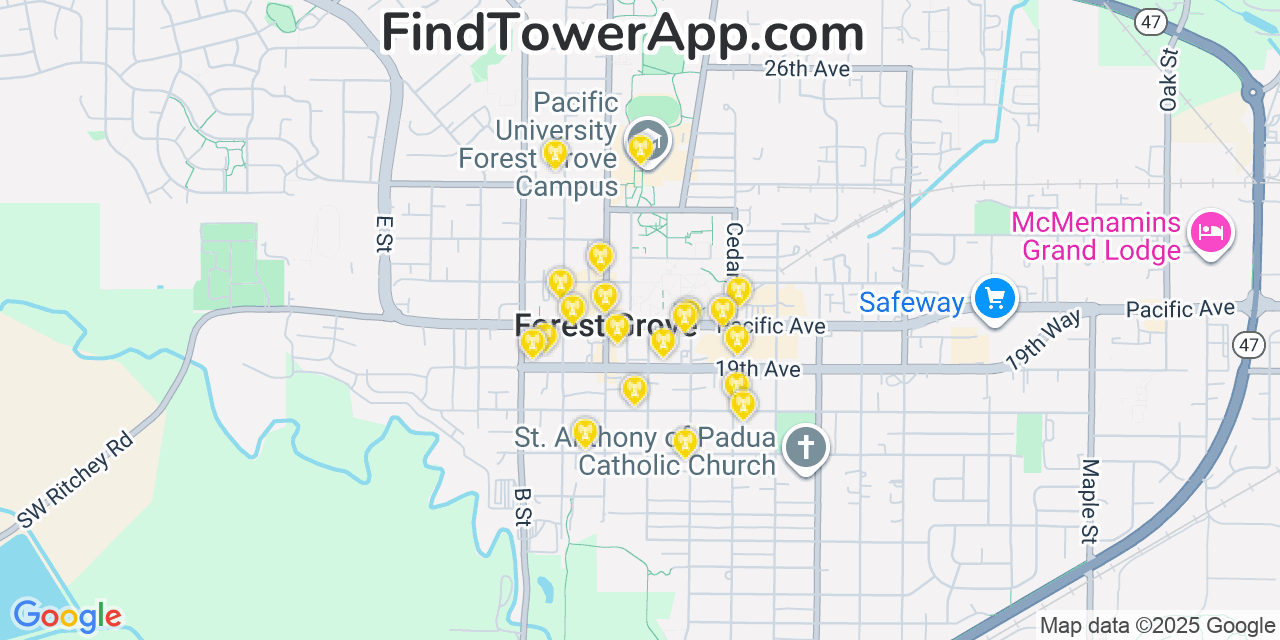 Map showing the 20 primary cell tower locations detected in Forest Grove, Oregon from AT&T, Verizon, and T-Mobile networks