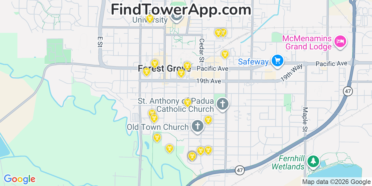 Map showing the 20 primary cell tower locations detected in Forest Grove, Oregon from AT&T, Verizon, and T-Mobile networks