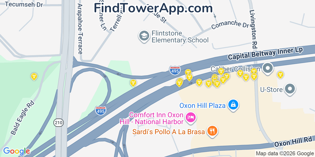 Map showing the 20 primary cell tower locations detected in Forest Heights, Maryland from AT&T, Verizon, and T-Mobile networks