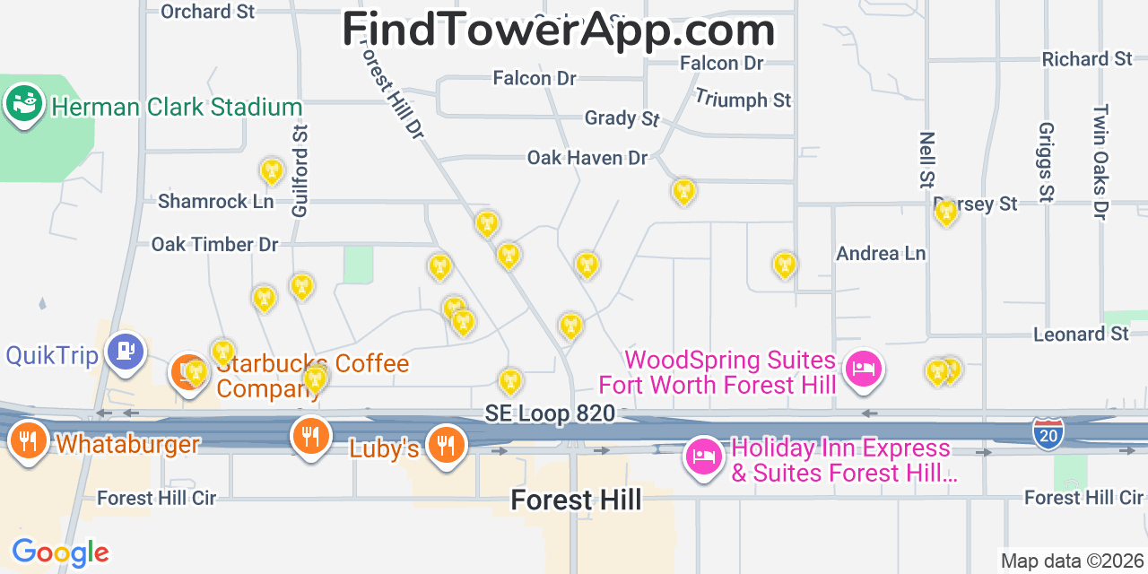 Map showing the 20 primary cell tower locations detected in Forest Hill, Texas from AT&T, Verizon, and T-Mobile networks