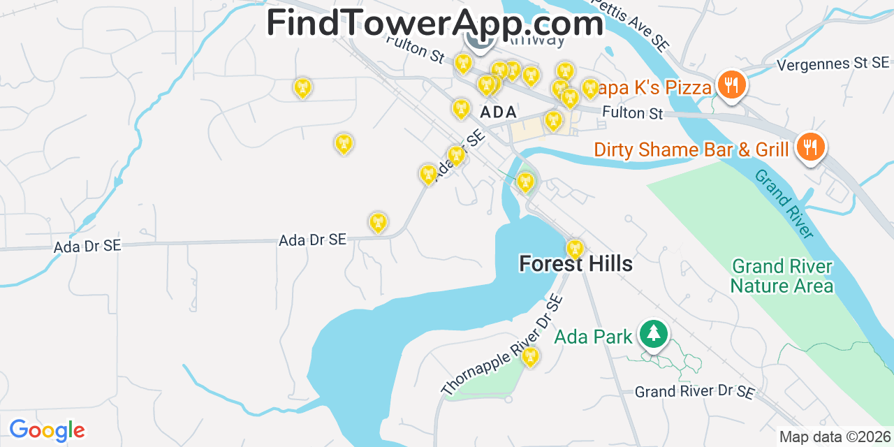 Map showing the 20 primary cell tower locations detected in Forest Hills, Michigan from AT&T, Verizon, and T-Mobile networks