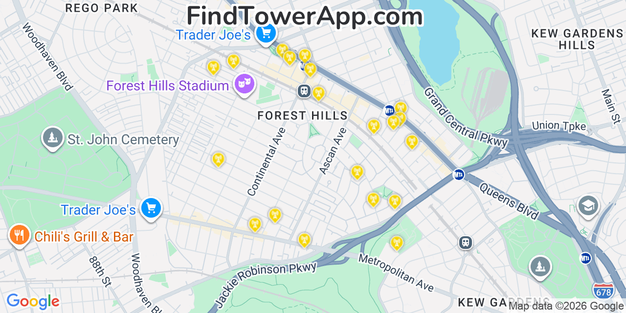 Map showing the 20 primary cell tower locations detected in Forest Hills, New York from AT&T, Verizon, and T-Mobile networks