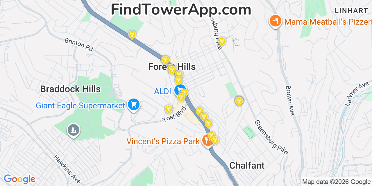 Map showing the 20 primary cell tower locations detected in Forest Hills, Pennsylvania from AT&T, Verizon, and T-Mobile networks