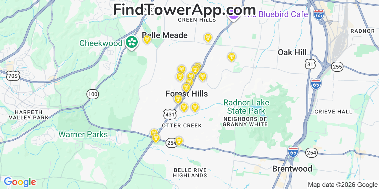 Map showing the 20 primary cell tower locations detected in Forest Hills, Tennessee from AT&T, Verizon, and T-Mobile networks
