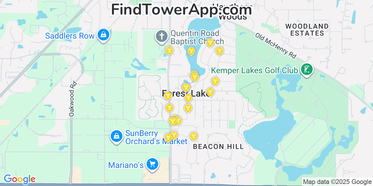 Map showing the 20 primary cell tower locations detected in Forest Lake, Illinois from AT&T, Verizon, and T-Mobile networks
