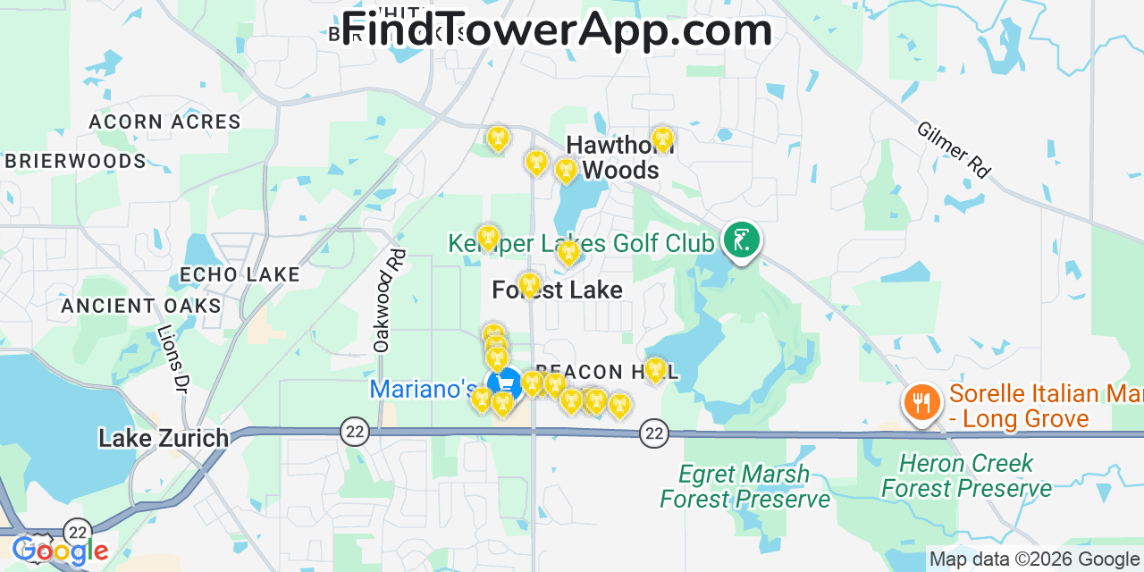 Map showing the 20 primary cell tower locations detected in Forest Lake, Illinois from AT&T, Verizon, and T-Mobile networks