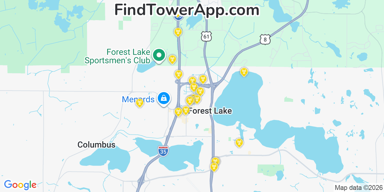 Map showing the 20 primary cell tower locations detected in Forest Lake, Minnesota from AT&T, Verizon, and T-Mobile networks