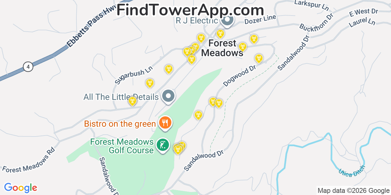 Map showing the 20 primary cell tower locations detected in Forest Meadows, California from AT&T, Verizon, and T-Mobile networks
