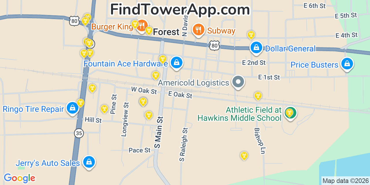 Map showing the 20 primary cell tower locations detected in Forest, Mississippi from AT&T, Verizon, and T-Mobile networks