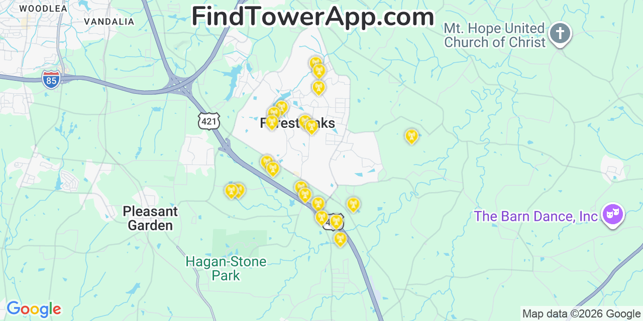 Map showing the 20 primary cell tower locations detected in Forest Oaks, North Carolina from AT&T, Verizon, and T-Mobile networks