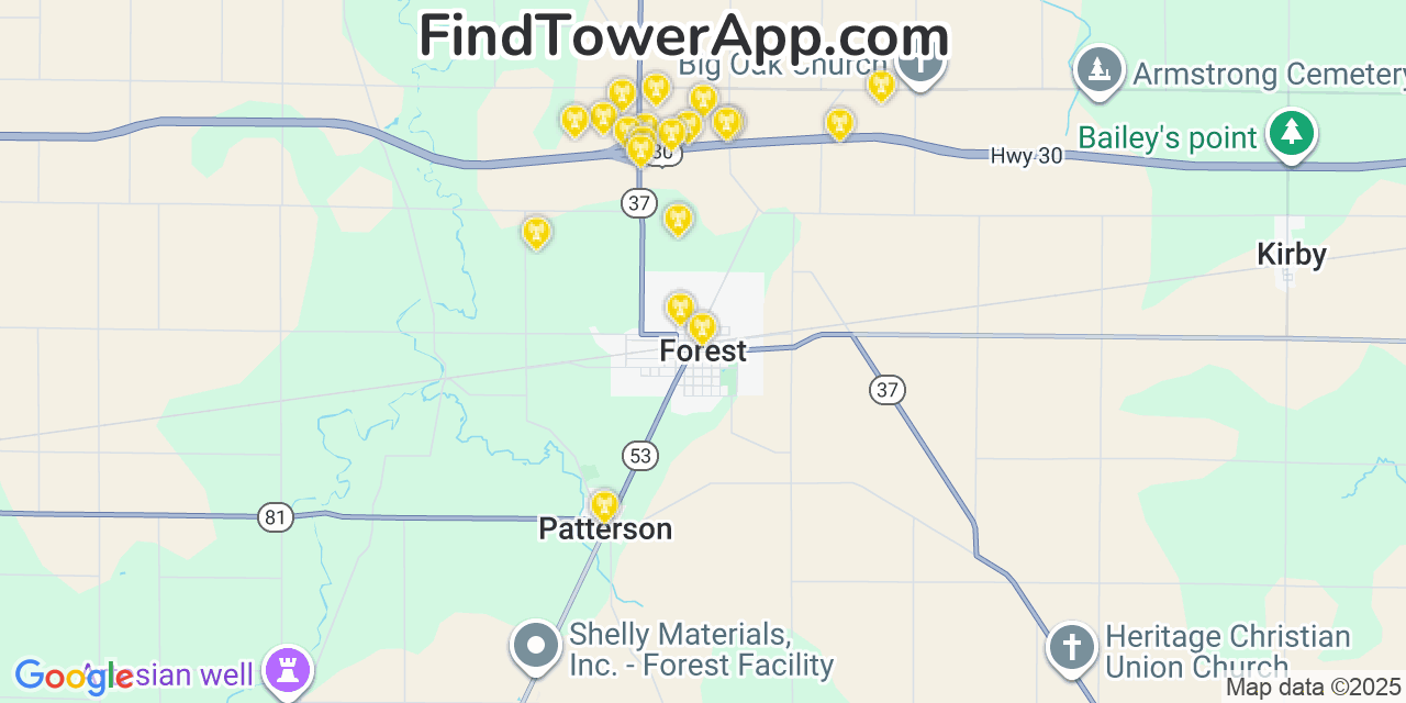 Map showing the 20 primary cell tower locations detected in Forest, Ohio from AT&T, Verizon, and T-Mobile networks