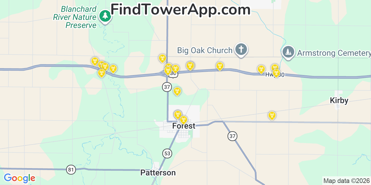 Map showing the 20 primary cell tower locations detected in Forest, Ohio from AT&T, Verizon, and T-Mobile networks