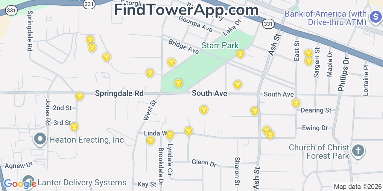Map showing the 20 primary cell tower locations detected in Forest Park, Georgia from AT&T, Verizon, and T-Mobile networks