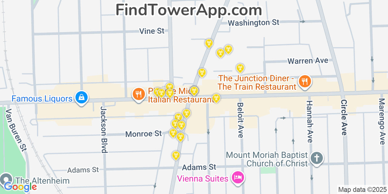 Map showing the 20 primary cell tower locations detected in Forest Park, Illinois from AT&T, Verizon, and T-Mobile networks
