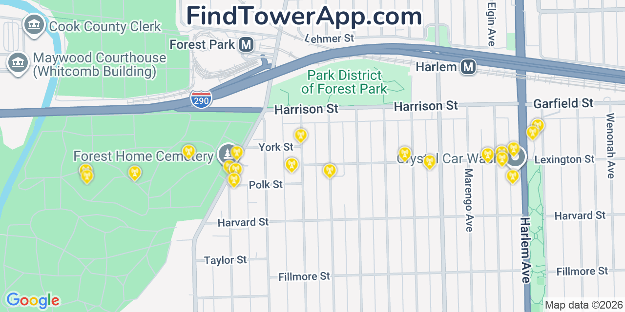 Map showing the 20 primary cell tower locations detected in Forest Park, Illinois from AT&T, Verizon, and T-Mobile networks