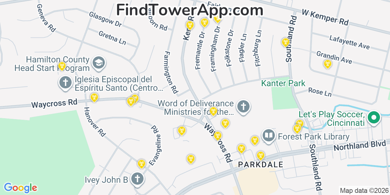 Map showing the 20 primary cell tower locations detected in Forest Park, Ohio from AT&T, Verizon, and T-Mobile networks