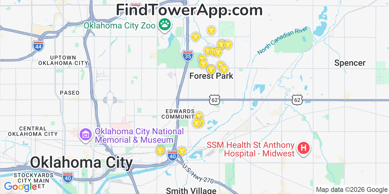 Map showing the 20 primary cell tower locations detected in Forest Park, Oklahoma from AT&T, Verizon, and T-Mobile networks