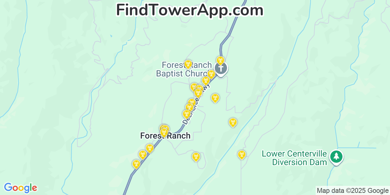 Map showing the 20 primary cell tower locations detected in Forest Ranch, California from AT&T, Verizon, and T-Mobile networks