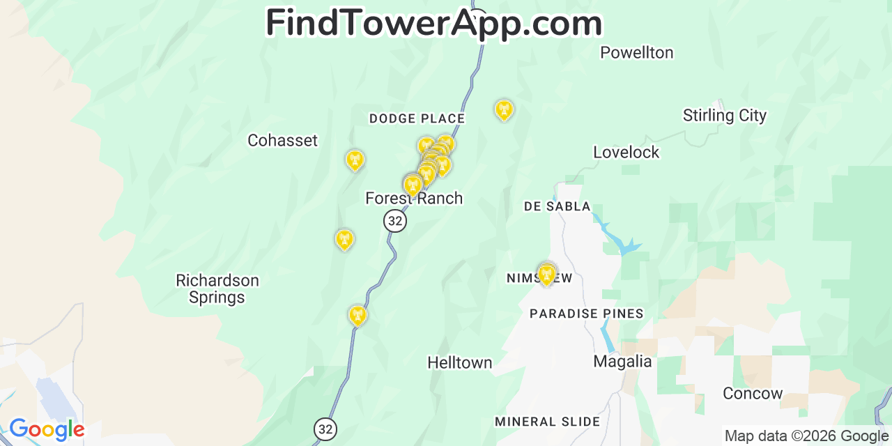 Map showing the 20 primary cell tower locations detected in Forest Ranch, California from AT&T, Verizon, and T-Mobile networks