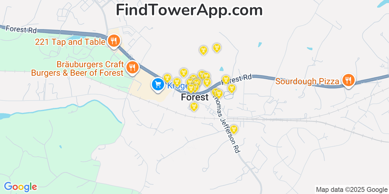 Map showing the 20 primary cell tower locations detected in Forest, Virginia from AT&T, Verizon, and T-Mobile networks