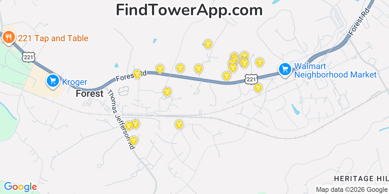 Map showing the 20 primary cell tower locations detected in Forest, Virginia from AT&T, Verizon, and T-Mobile networks