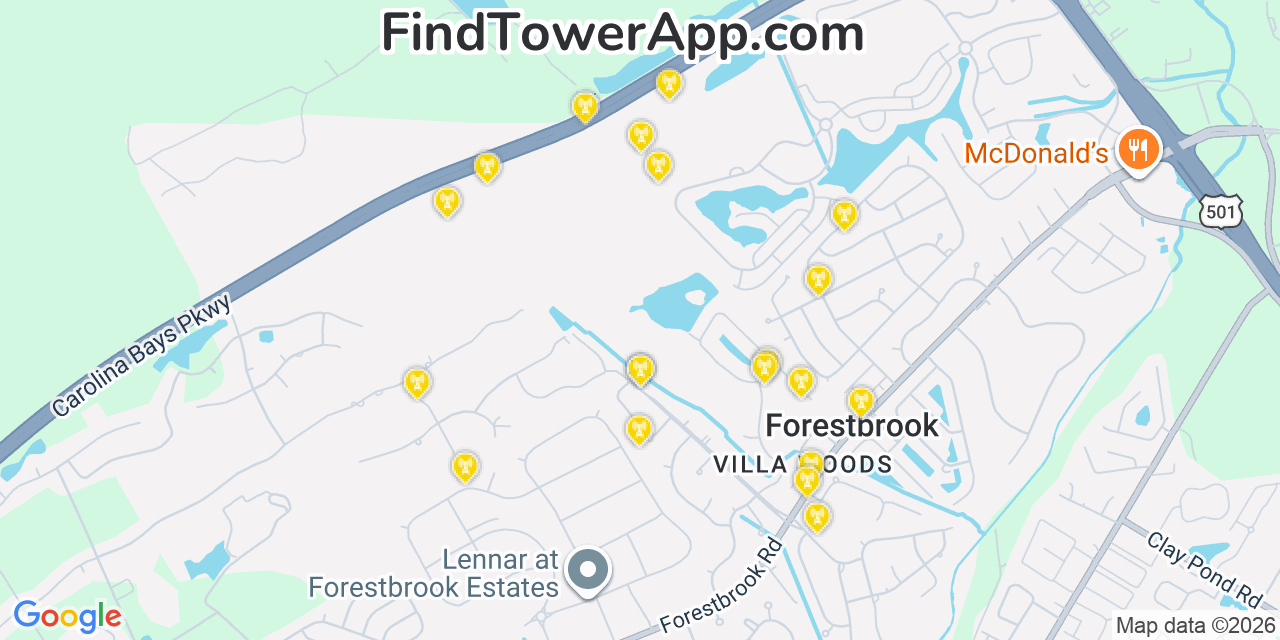 Map showing the 20 primary cell tower locations detected in Forestbrook, South Carolina from AT&T, Verizon, and T-Mobile networks