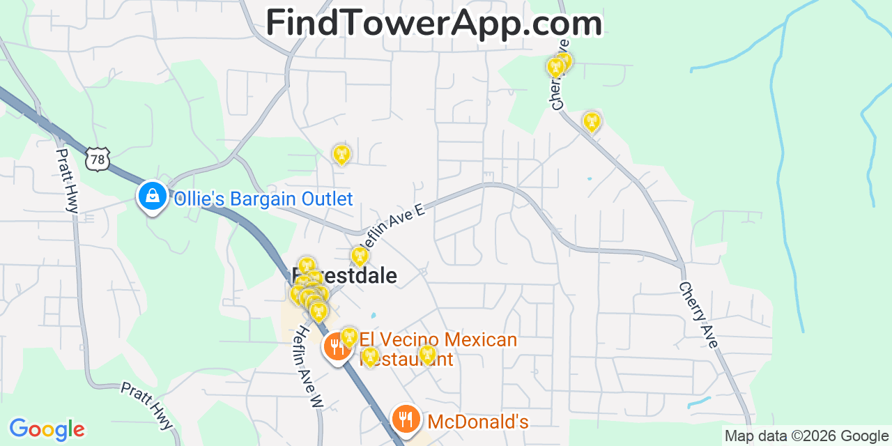 Map showing the 20 primary cell tower locations detected in Forestdale, Alabama from AT&T, Verizon, and T-Mobile networks