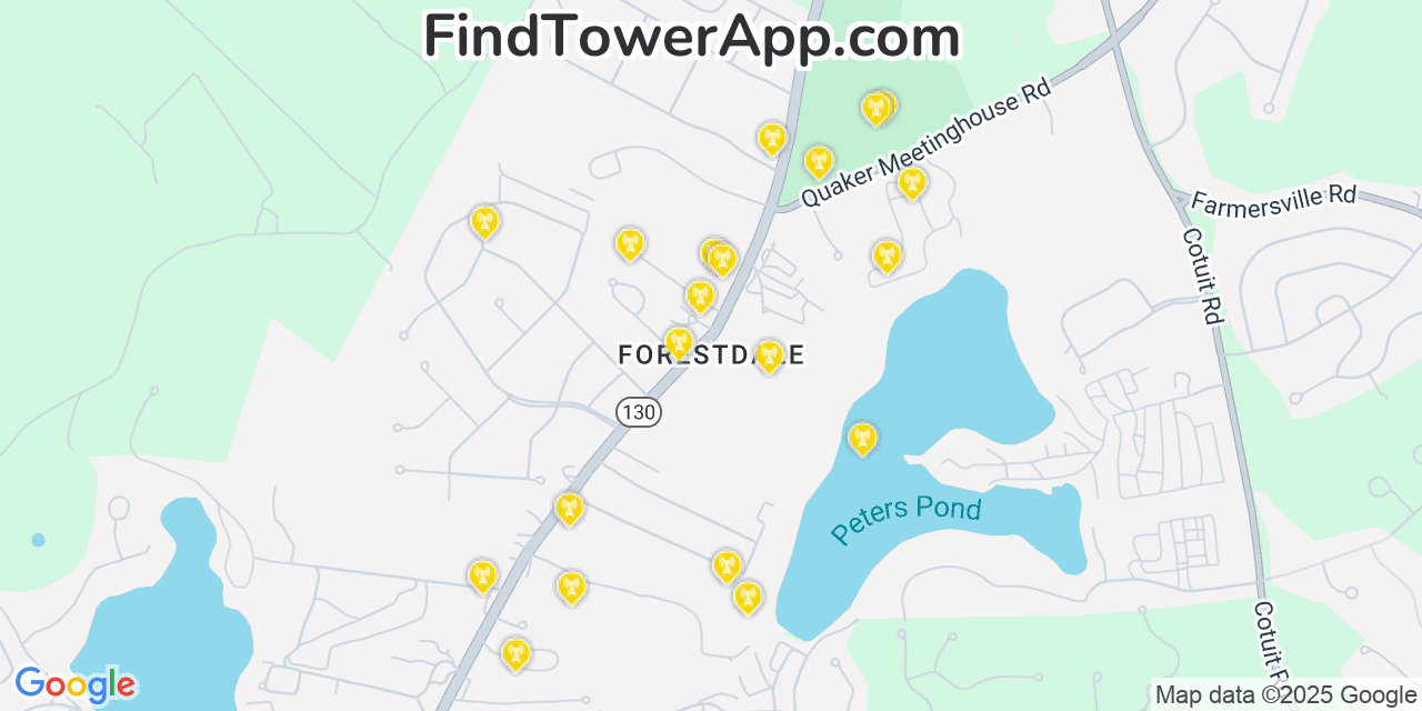 Map showing the 20 primary cell tower locations detected in Forestdale, Massachusetts from AT&T, Verizon, and T-Mobile networks
