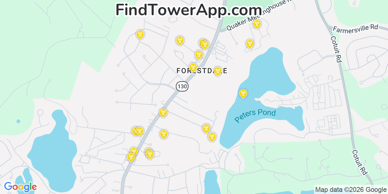 Map showing the 20 primary cell tower locations detected in Forestdale, Massachusetts from AT&T, Verizon, and T-Mobile networks