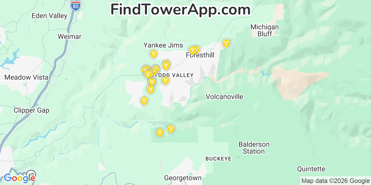 Map showing the 20 primary cell tower locations detected in Foresthill, California from AT&T, Verizon, and T-Mobile networks