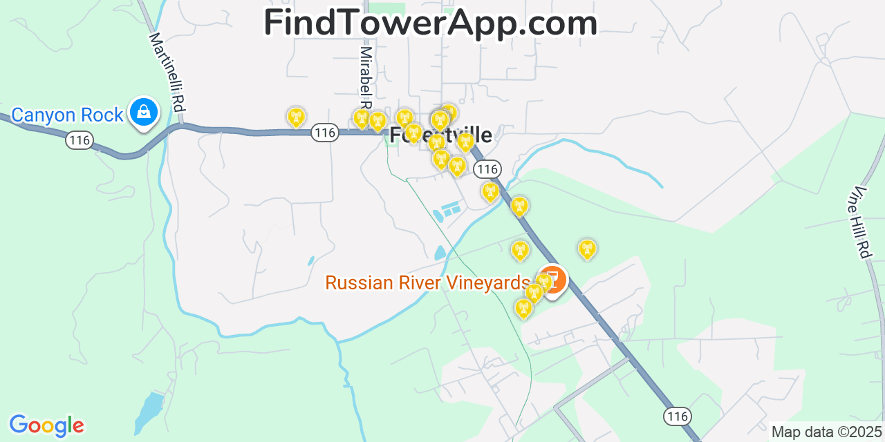 Map showing the 20 primary cell tower locations detected in Forestville, California from AT&T, Verizon, and T-Mobile networks