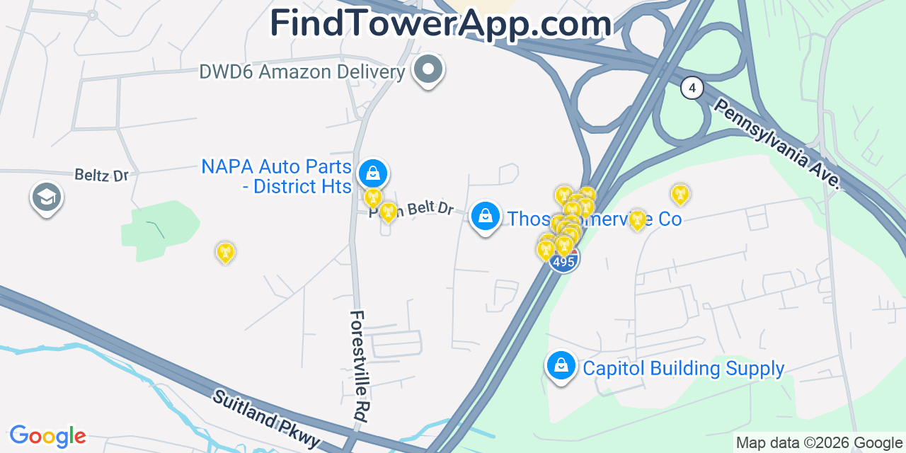 Map showing the 20 primary cell tower locations detected in Forestville, Maryland from AT&T, Verizon, and T-Mobile networks